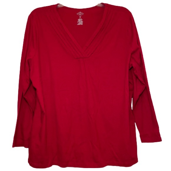 ST. JOHN'S BAY Red Pleated V-Neck Long Sleeve T-Shirt Tee Top Plus Size 2X 18/20 - Picture 1 of 6